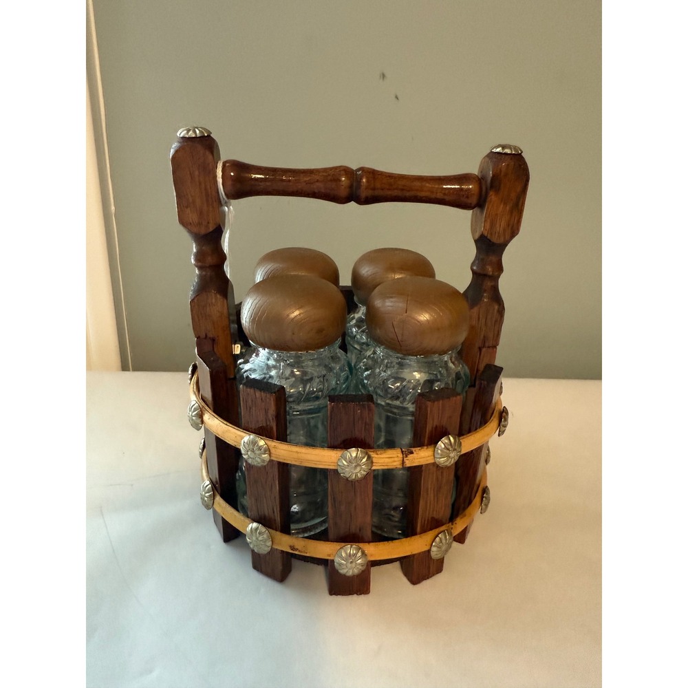 Vintage Wood Caddy Glass Salt and Pepper‎ Shakers Set Country Farmhouse